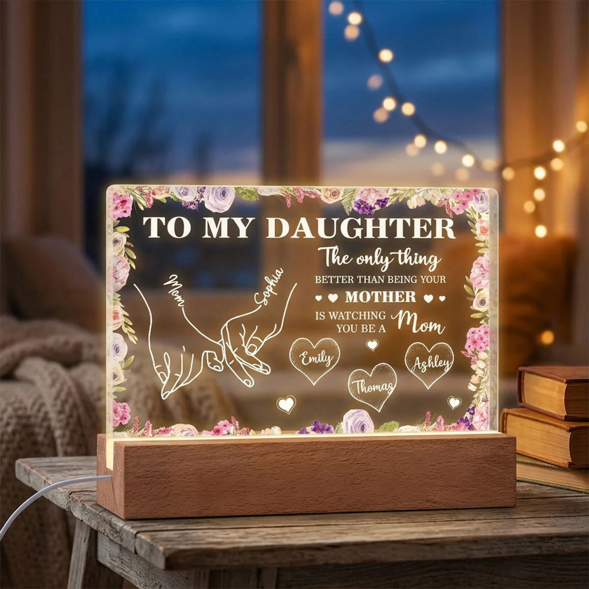 To My Daughter Mom And Daughter Holding Hands Custom Kids Names - Personalized Acrylic Block LED Night Light - Mother's Day Gift For Daughter - Image 2
