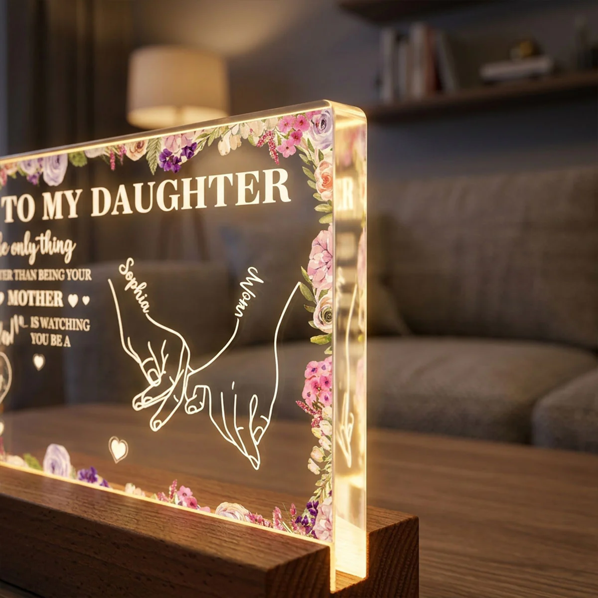 To My Daughter Mom And Daughter Holding Hands Custom Kids Names - Personalized Acrylic Block LED Night Light - Mother's Day Gift For Daughter - Image 3