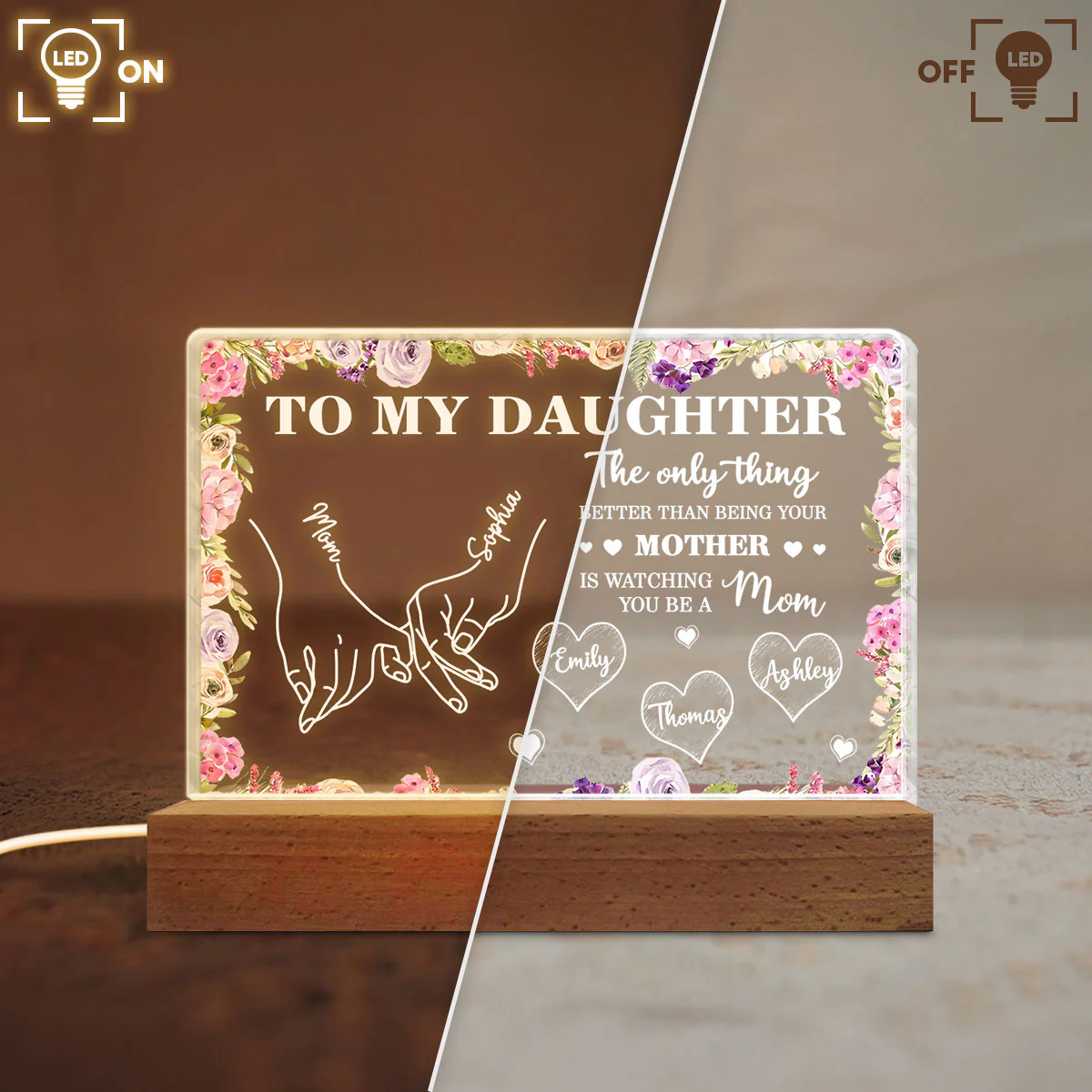 To My Daughter Mom And Daughter Holding Hands Custom Kids Names - Personalized Acrylic Block LED Night Light - Mother's Day Gift For Daughter - Image 4