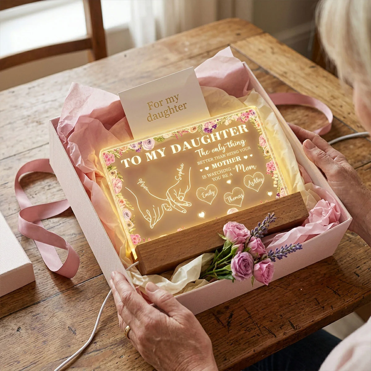 To My Daughter Mom And Daughter Holding Hands Custom Kids Names - Personalized Acrylic Block LED Night Light - Mother's Day Gift For Daughter - Image 6