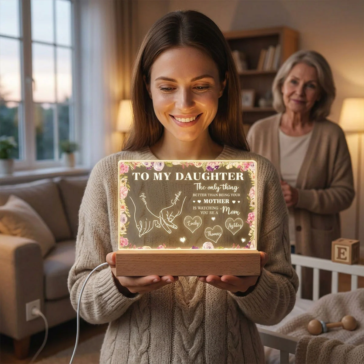 To My Daughter Mom And Daughter Holding Hands Custom Kids Names - Personalized Acrylic Block LED Night Light - Mother's Day Gift For Daughter - Image 7