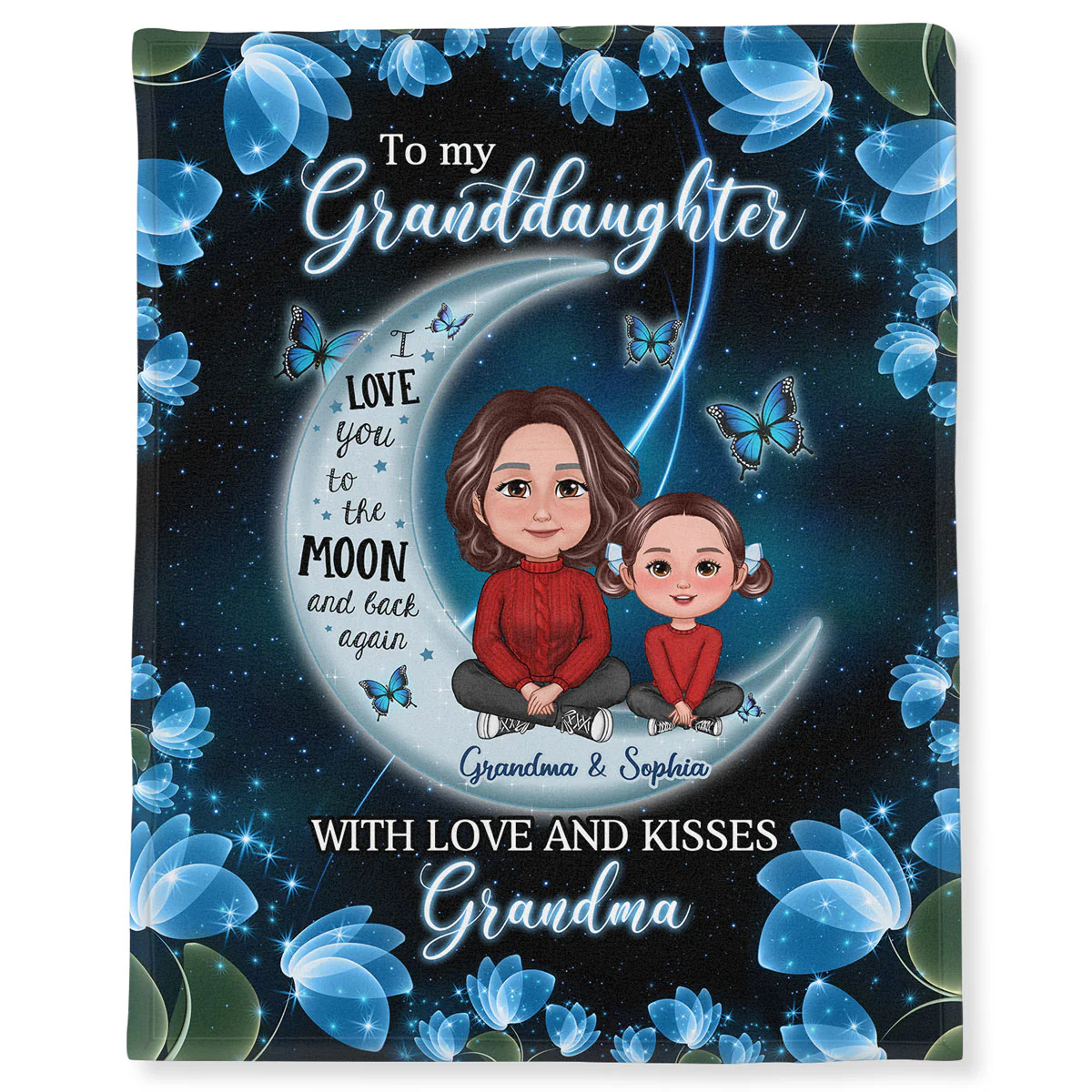 To My Grandson Granddaughter Crossed Legs Blue Moon Butterflies Personalized Fleece Blanket - Image 2