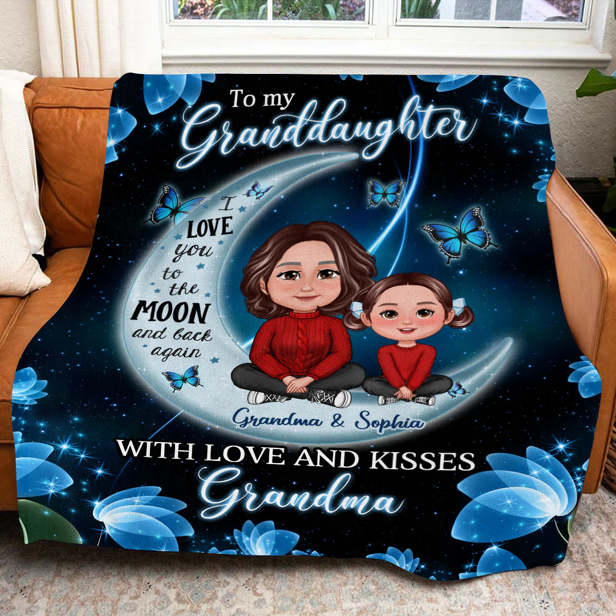To My Grandson Granddaughter Crossed Legs Blue Moon Butterflies Personalized Fleece Blanket - Image 4