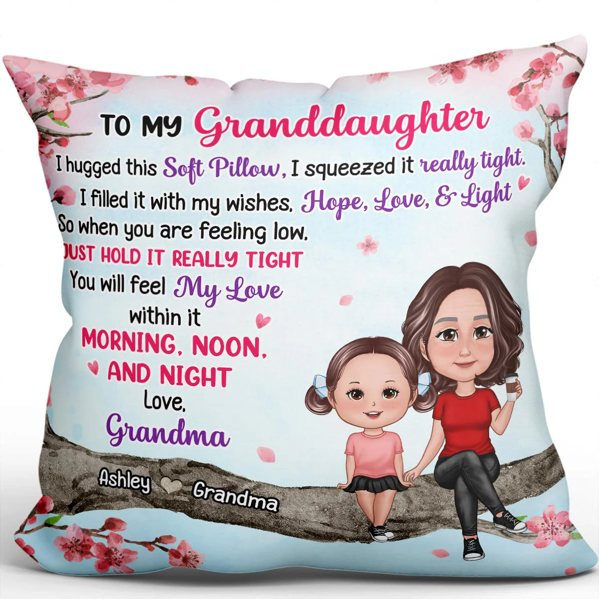 To My Mom Daughter Granddaughter Sitting On Pink Tree Personalized Pillow