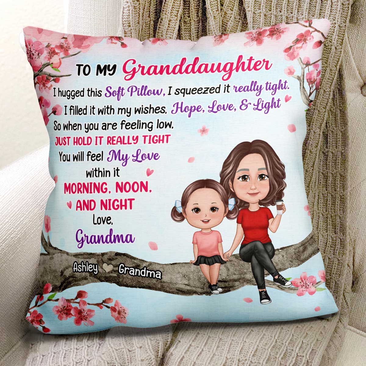 To My Mom Daughter Granddaughter Sitting On Pink Tree Personalized Pillow - Image 2