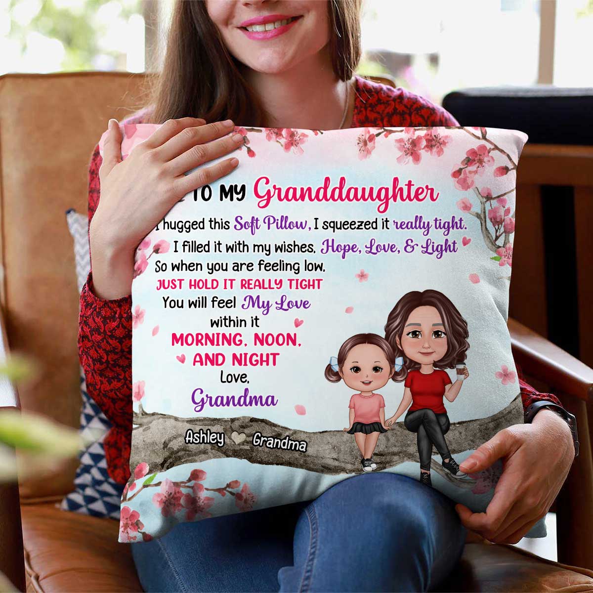 To My Mom Daughter Granddaughter Sitting On Pink Tree Personalized Pillow - Image 3