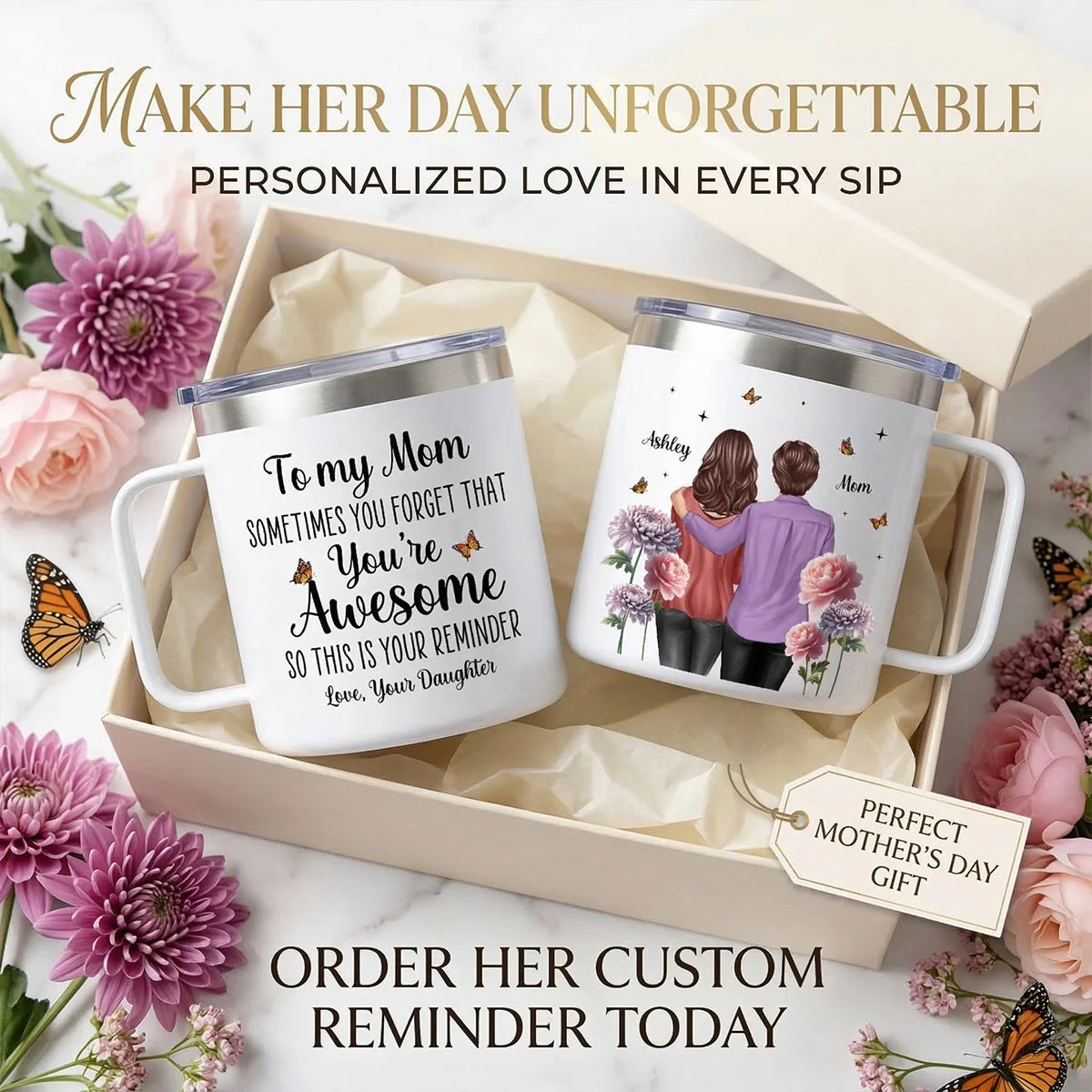 To My Mom You're Awesome Birth Flower - Personalized Stainless Steel Tumbler With Handle - Mother's Day Gift For Mom From Daughter - Image 10