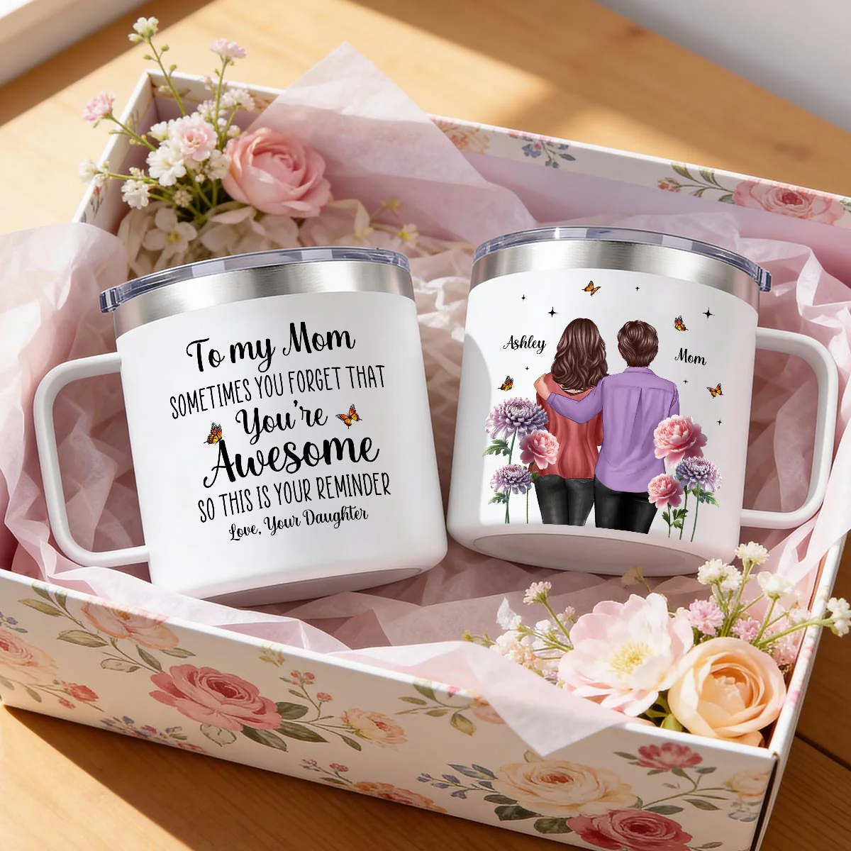 To My Mom You're Awesome Birth Flower - Personalized Stainless Steel Tumbler With Handle - Mother's Day Gift For Mom From Daughter - Image 8