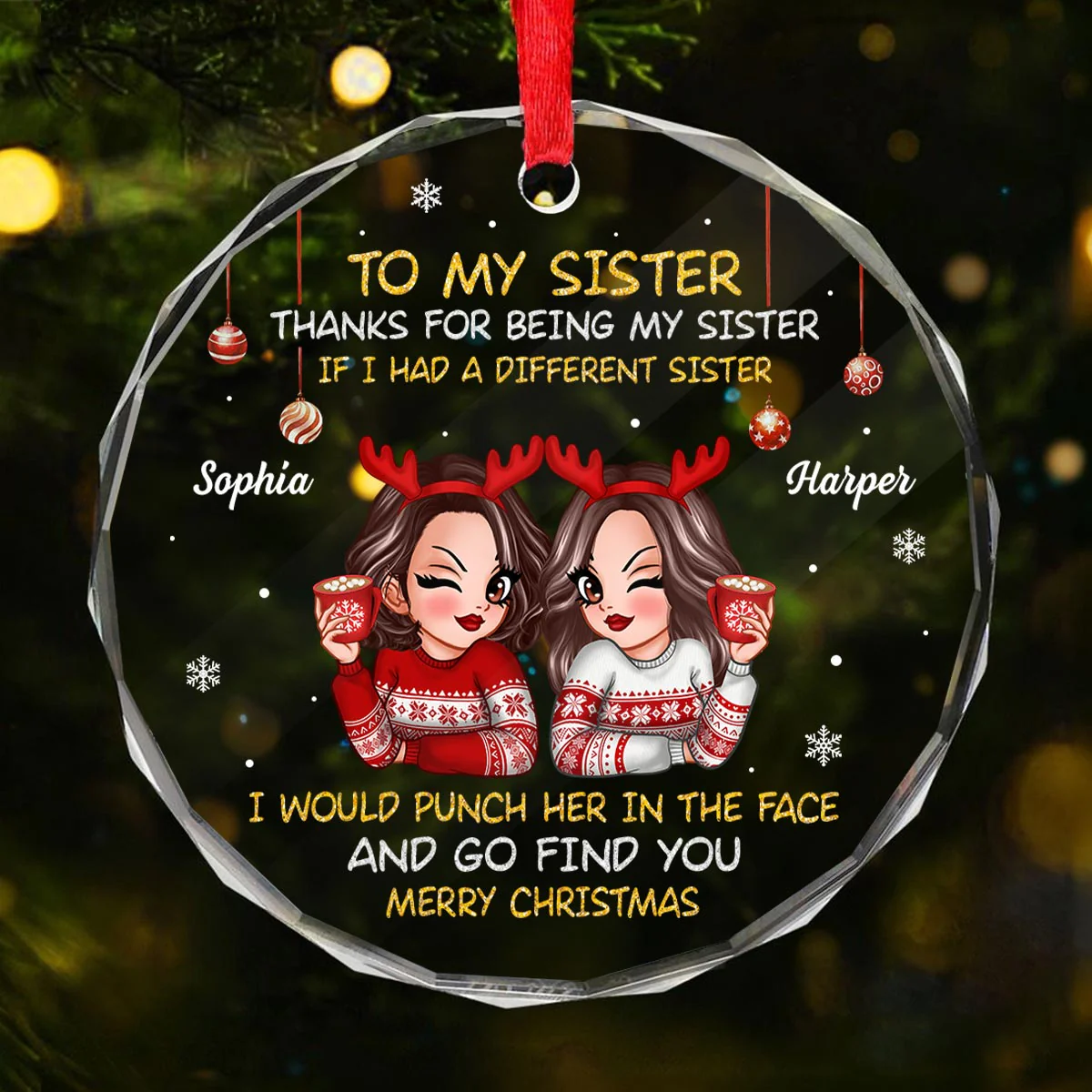 To My Sister Brother Merry Christmas Personalized Glass Ornament, Christmas Gift For Sisters, Brothers
