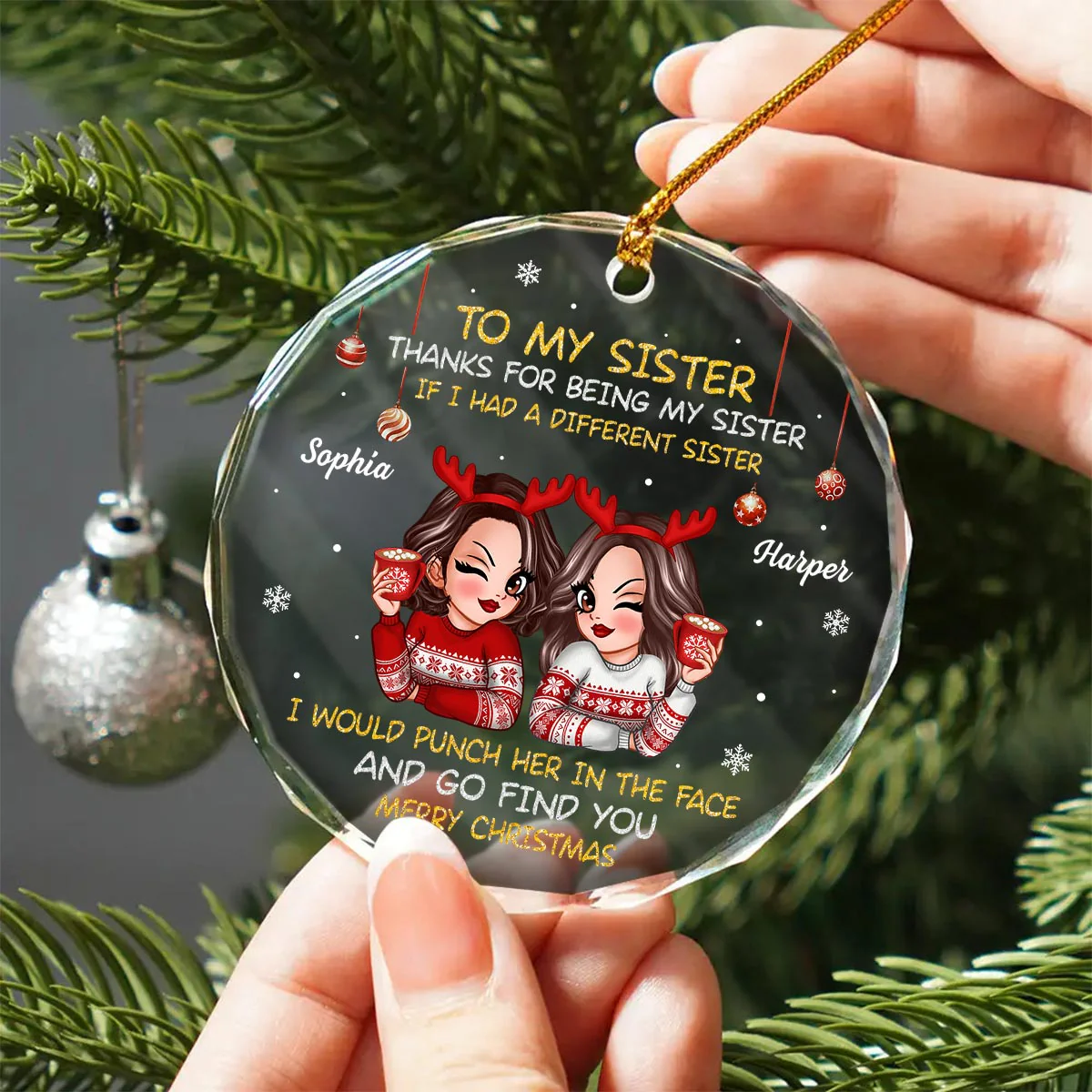 To My Sister Brother Merry Christmas Personalized Glass Ornament, Christmas Gift For Sisters, Brothers - Image 2