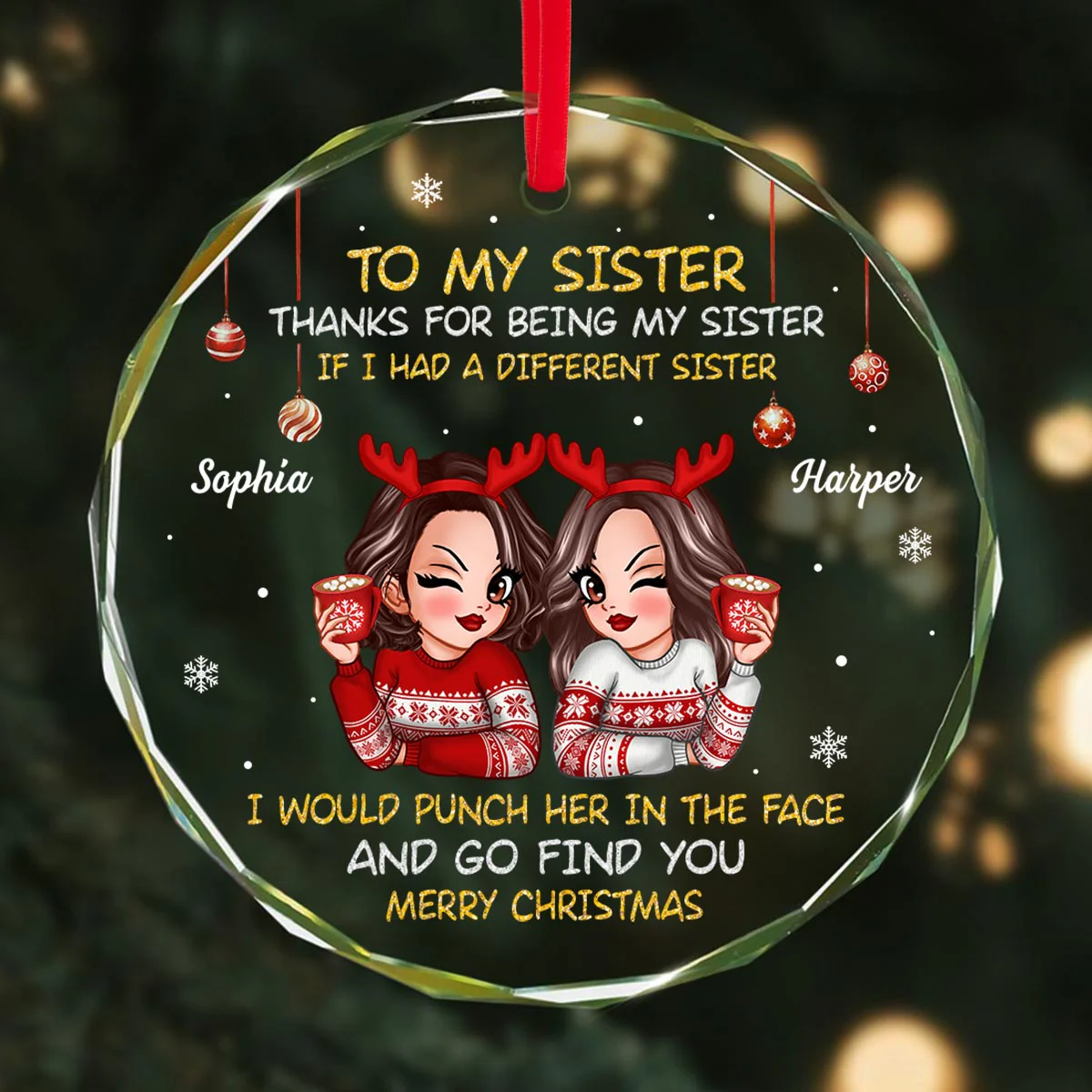 To My Sister Brother Merry Christmas Personalized Glass Ornament, Christmas Gift For Sisters, Brothers - Image 3