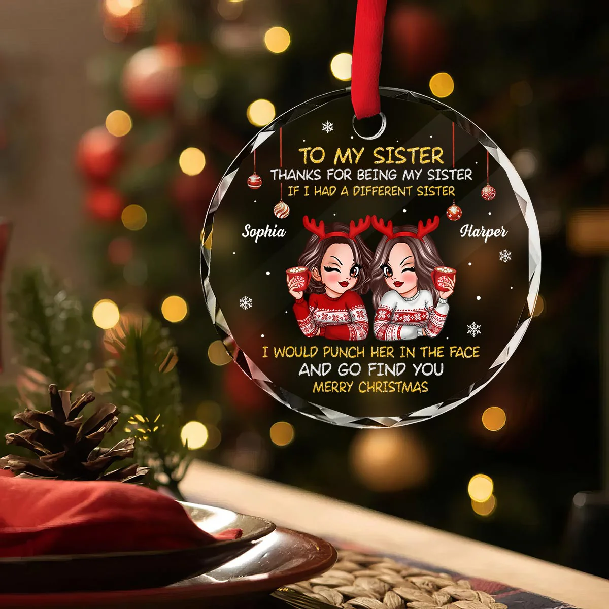 To My Sister Brother Merry Christmas Personalized Glass Ornament, Christmas Gift For Sisters, Brothers - Image 4