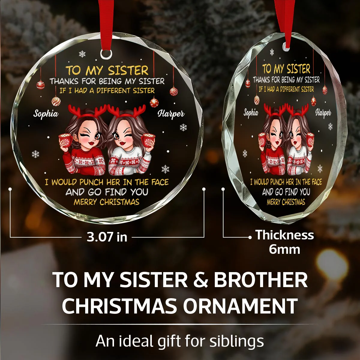 To My Sister Brother Merry Christmas Personalized Glass Ornament, Christmas Gift For Sisters, Brothers - Image 7