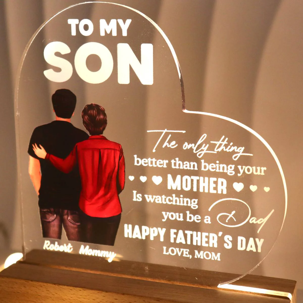 From Mom To Son Happy Father's Day Personalized Heart Acrylic Warm LED Night Light, Heartfelt Gift For Son - Image 4