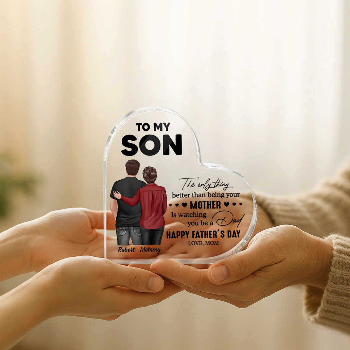 From Mom To Son Happy Father's Day Personalized Heart Acrylic Block Plaque, Heartfelt Father's Day Gift For Son - Image 5