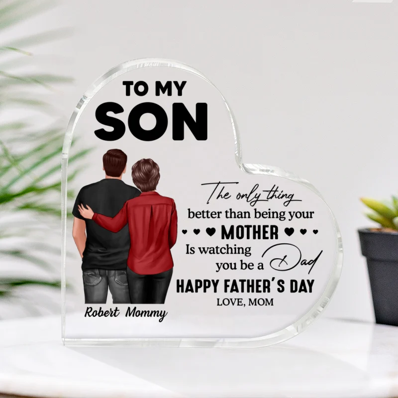 From Mom To Son Happy Father's Day Personalized Heart Acrylic Block Plaque, Heartfelt Father's Day Gift For Son - Image 9