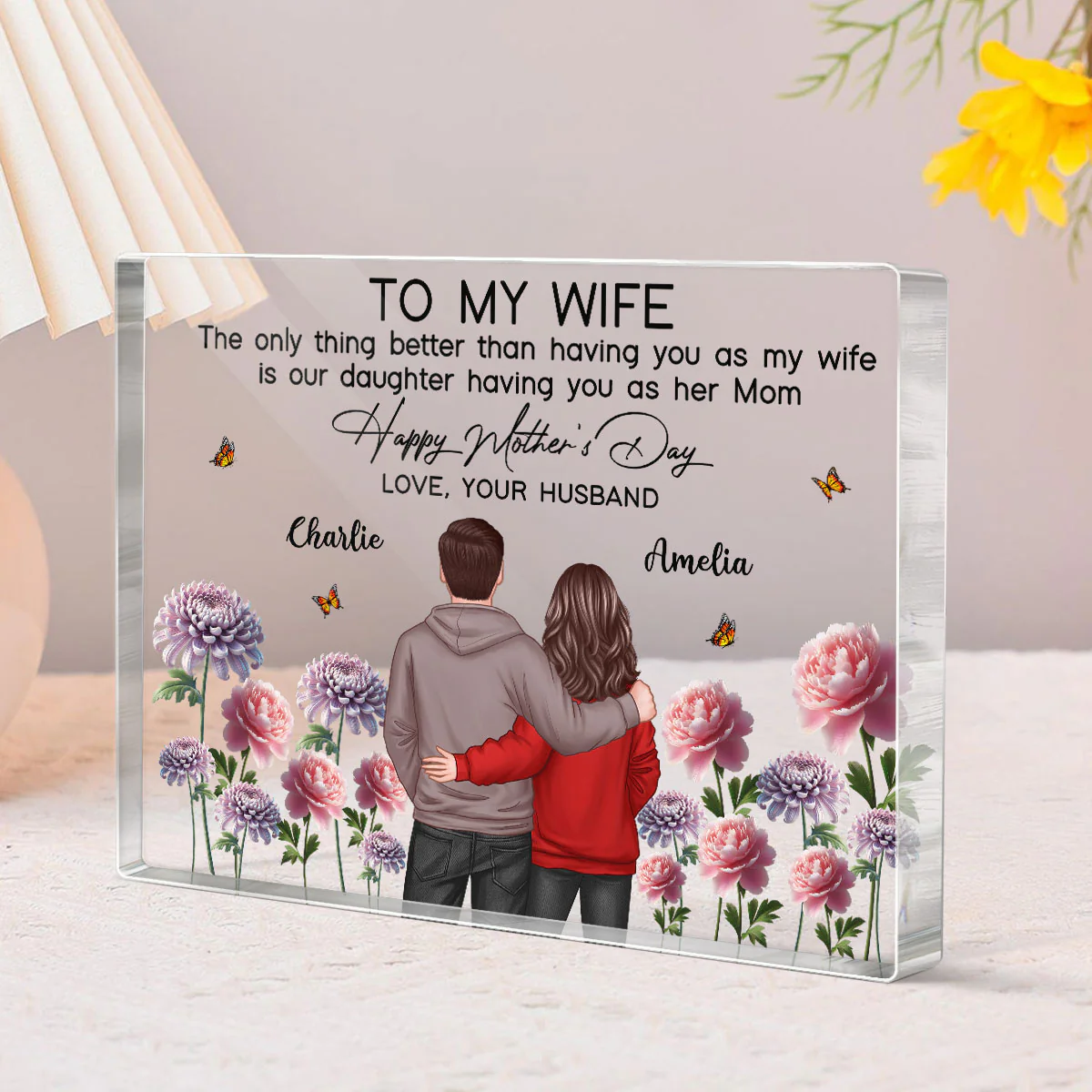 To My Wife From Husband Happy Mother's Day Birth Flower Personalized Acrylic Block Plaque - Image 3