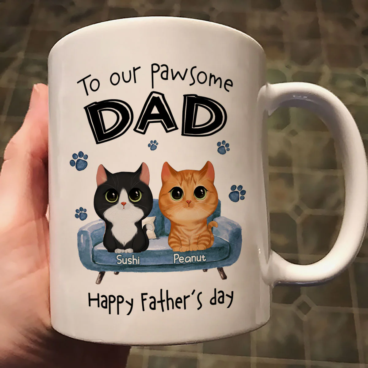 To Pawsome Dad Watercolor Cute Cat Sitting On Sofa Personalized Mug - Image 2