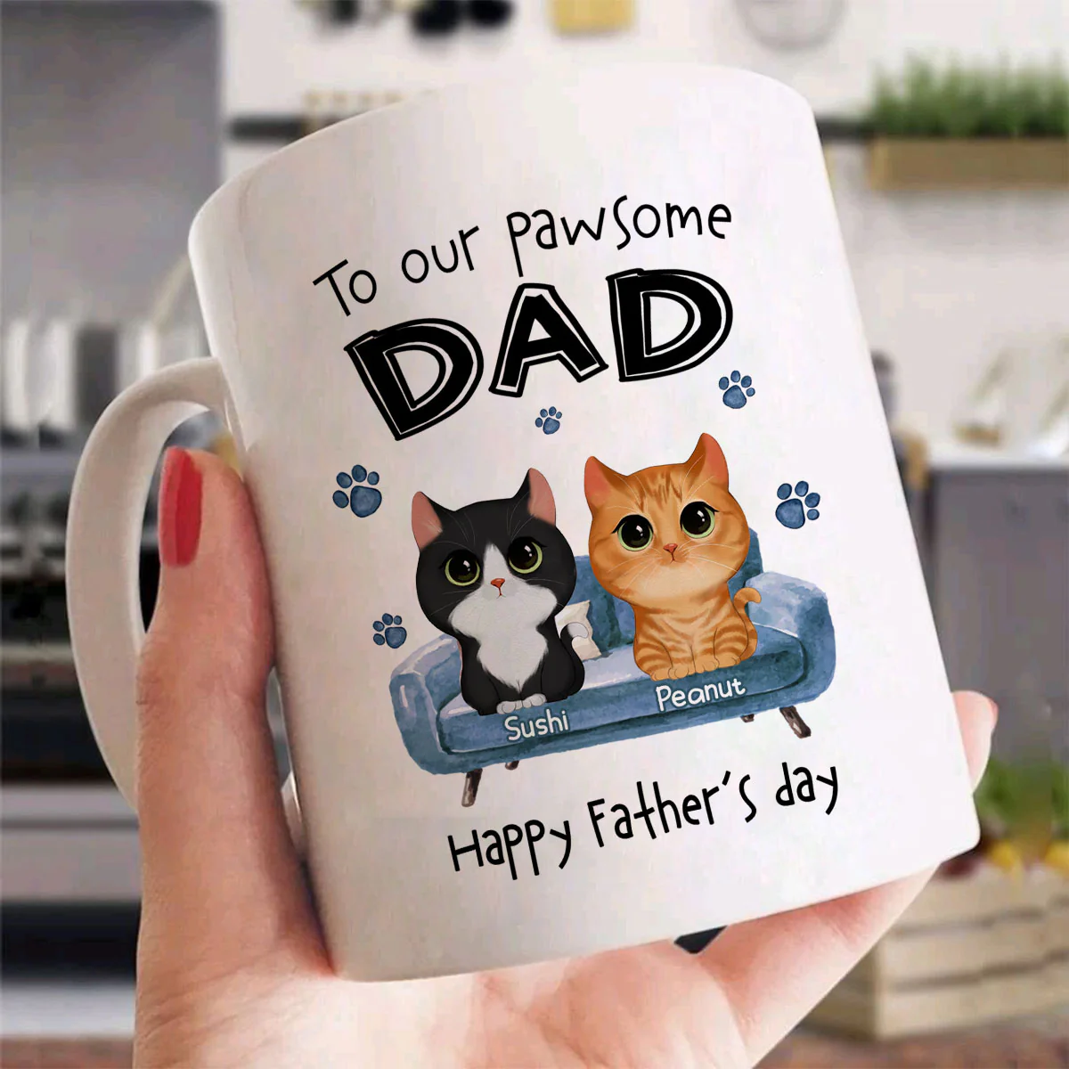 To Pawsome Dad Watercolor Cute Cat Sitting On Sofa Personalized Mug - Image 3