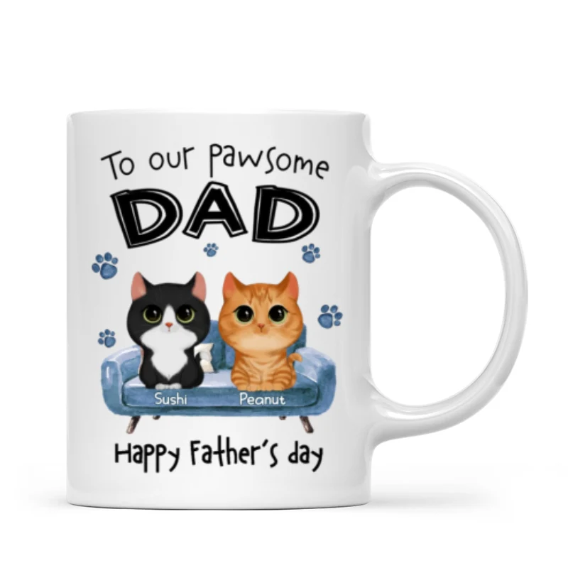 To Pawsome Dad Watercolor Cute Cat Sitting On Sofa Personalized Mug - Image 4