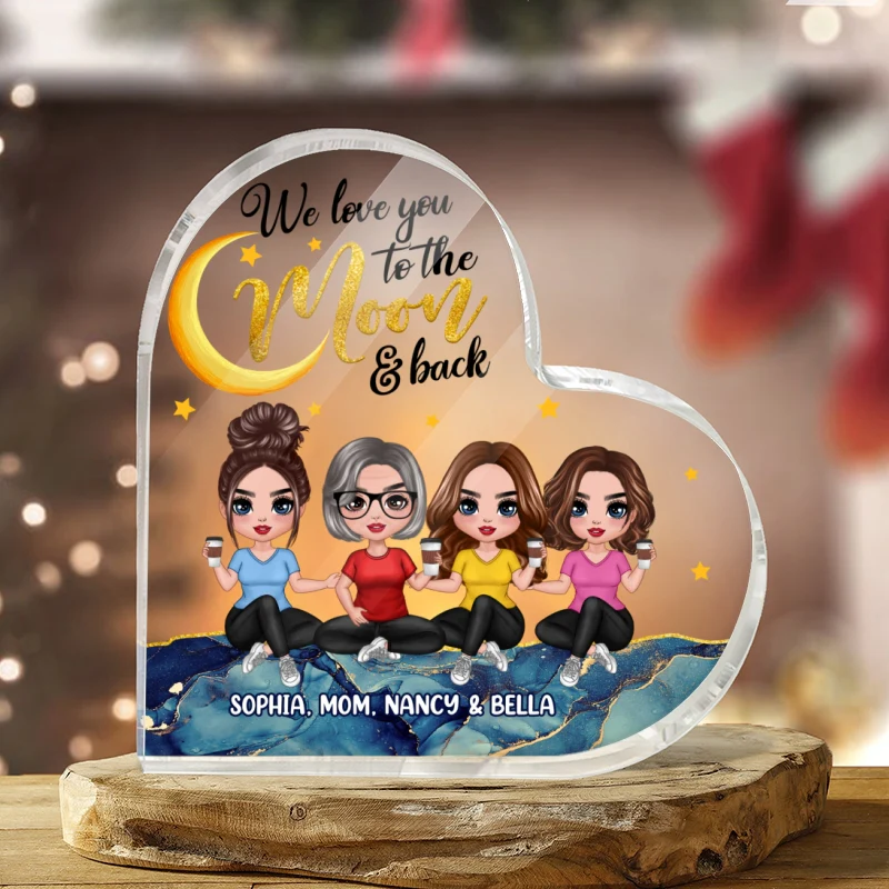 To The Moon Doll Mom And Sons Daughters Blue Wave Personalized Acrylic Heart Plaque - Image 3
