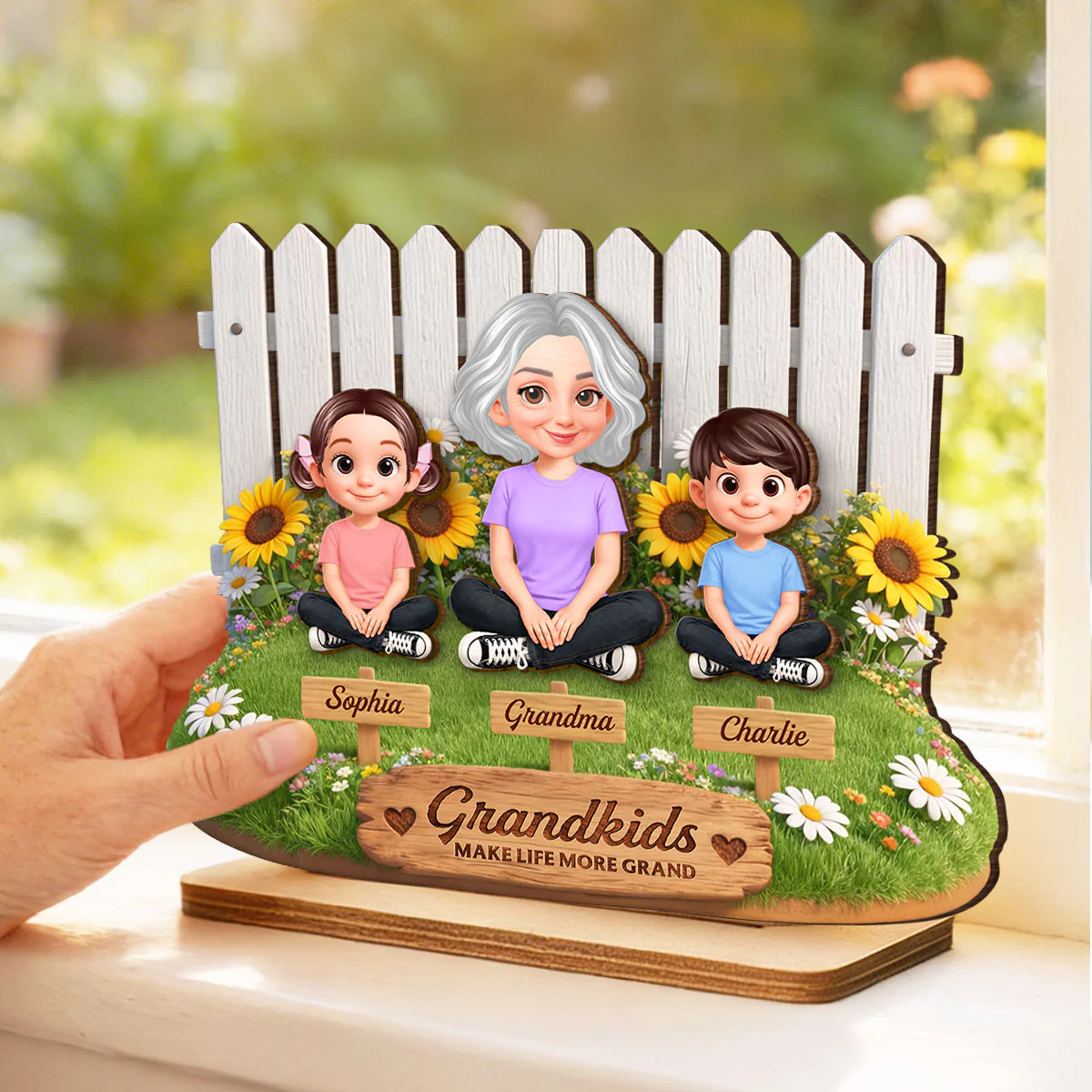 Together by the Fence Grandma Grandkids - Personalized 2-Layered Wooden Plaque - Gift For Grandma - Image 3