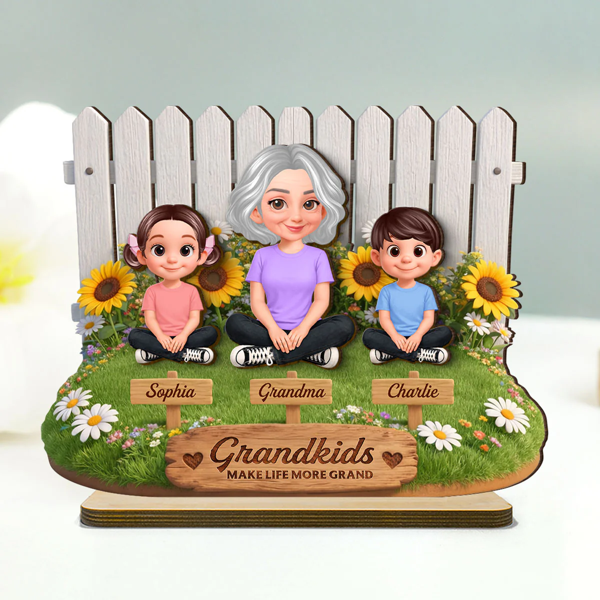 Together by the Fence Grandma Grandkids - Personalized 2-Layered Wooden Plaque - Gift For Grandma - Image 5