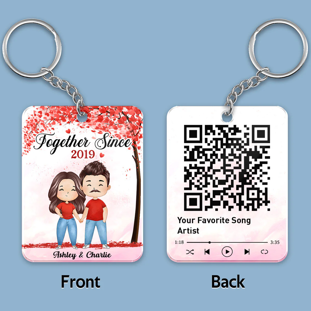 Together Since Watercolor Couple Under Heart Tree QR Code Personalized Acrylic Keychain - Image 2