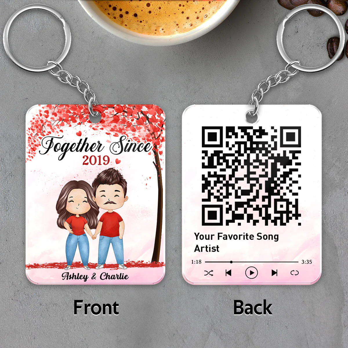 Together Since Watercolor Couple Under Heart Tree QR Code Personalized Acrylic Keychain - Image 4
