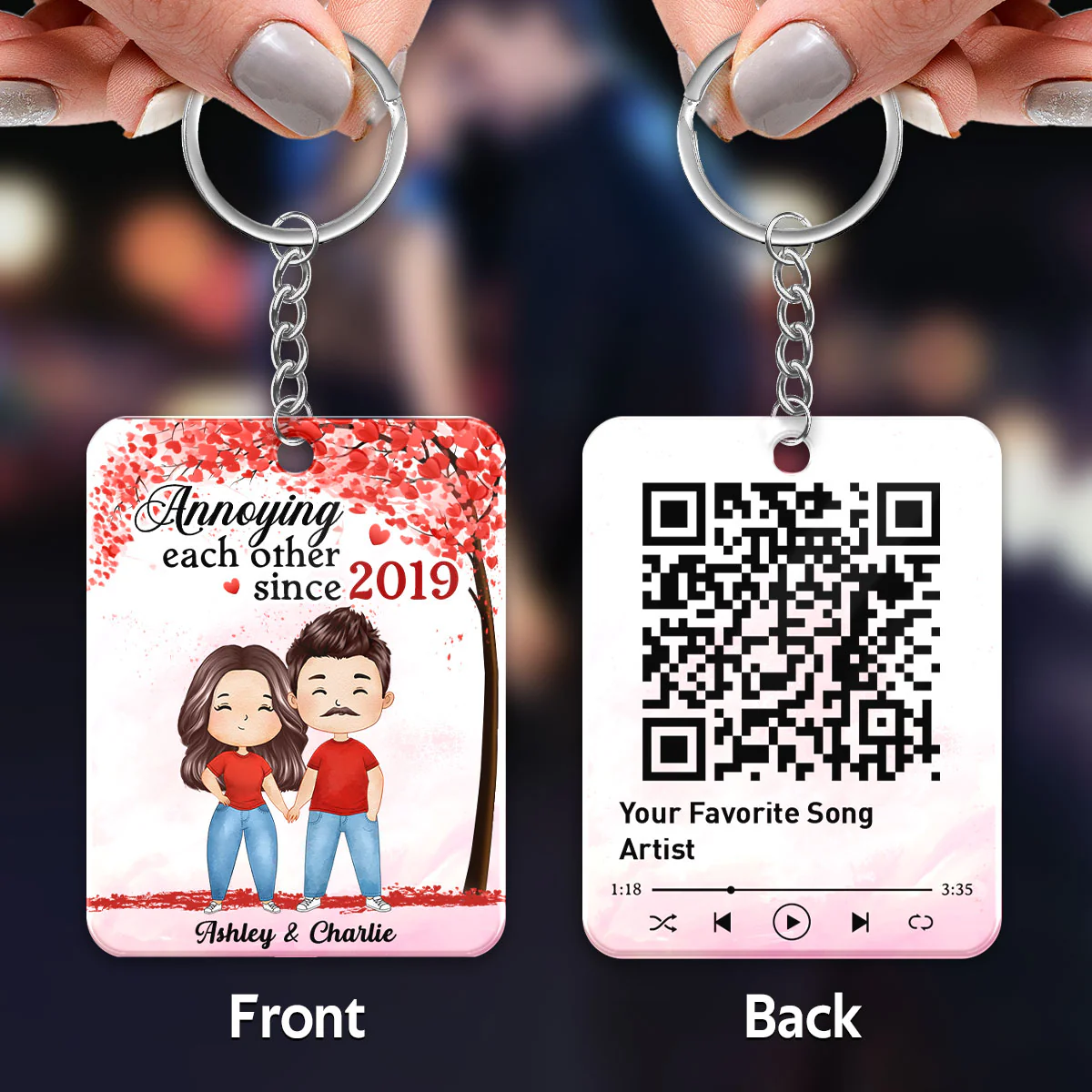 Together Since Watercolor Couple Under Heart Tree QR Code Personalized Acrylic Keychain - Image 5
