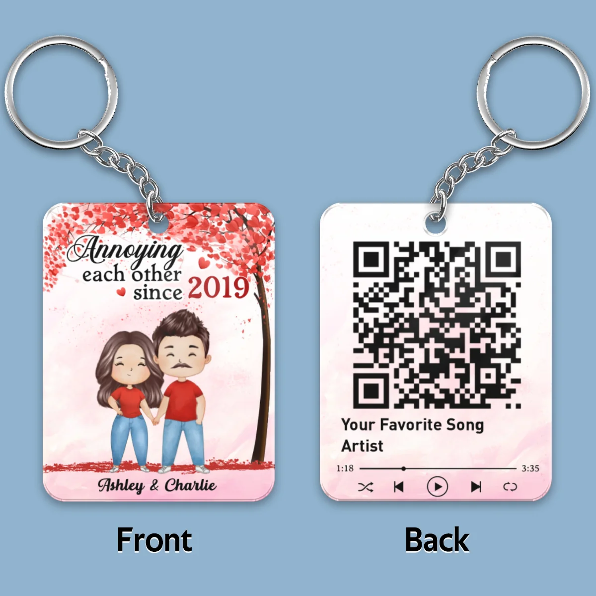 Together Since Watercolor Couple Under Heart Tree QR Code Personalized Acrylic Keychain - Image 6