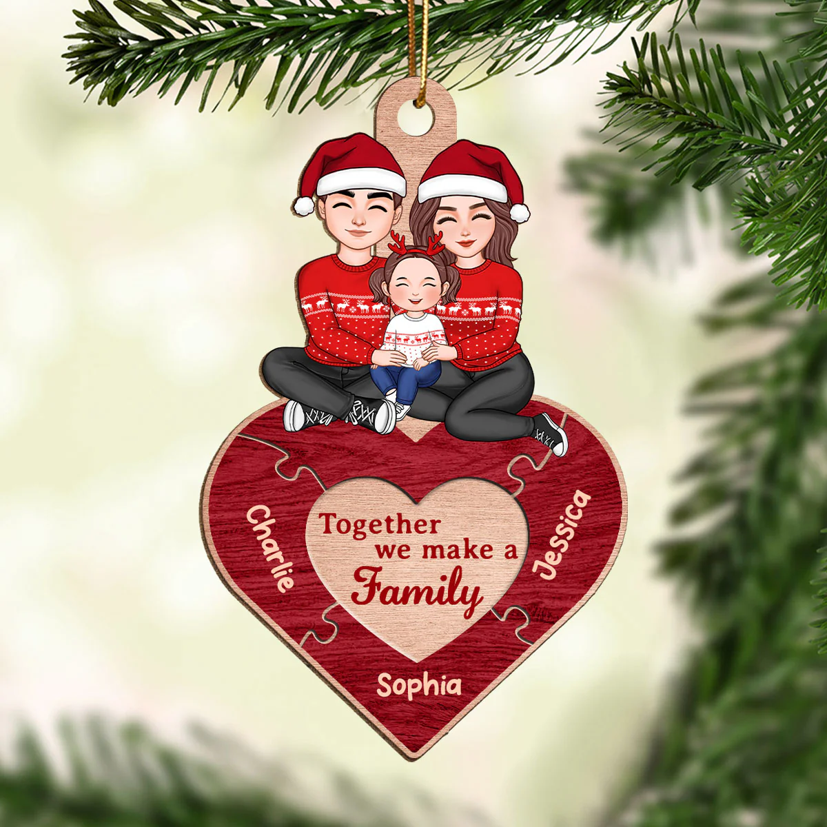Together We Make A Family Red Heart Puzzle Personalized Wooden Ornament - Image 2