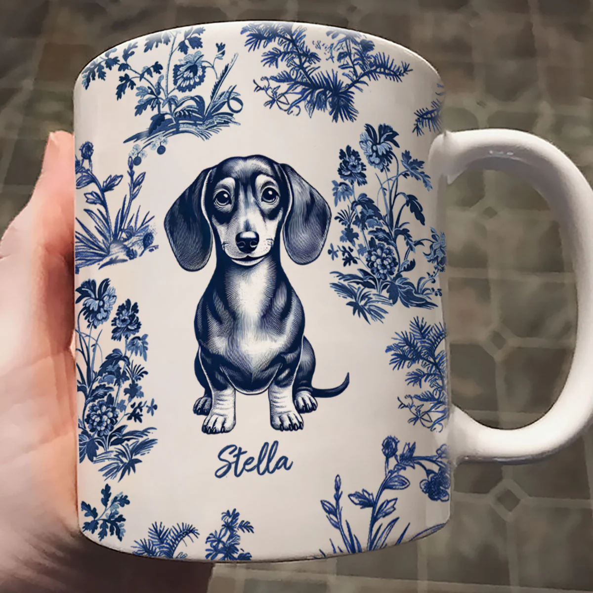 Vintage Blue Floral Pattern Dogs Personalized Mug, Gift For Dog Lovers - Image 5