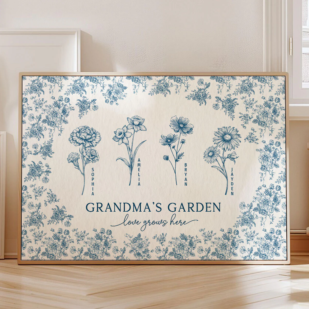 Vintage Blue Floral Pattern Grandma's Garden Personalized Poster