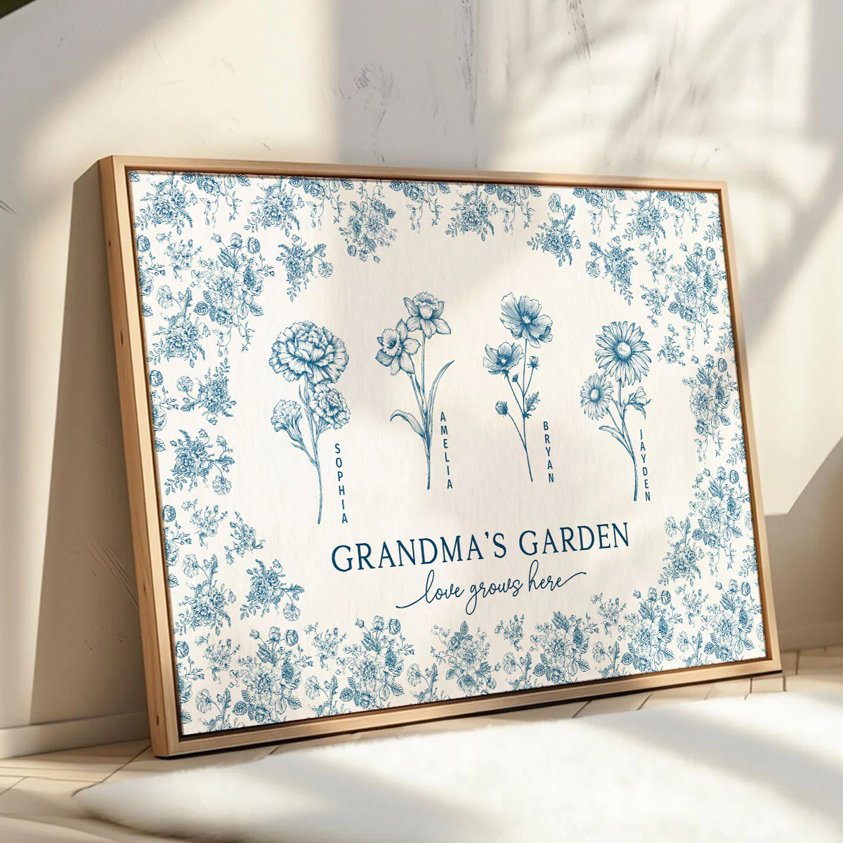 Vintage Blue Floral Pattern Grandma's Garden Personalized Poster - Image 4