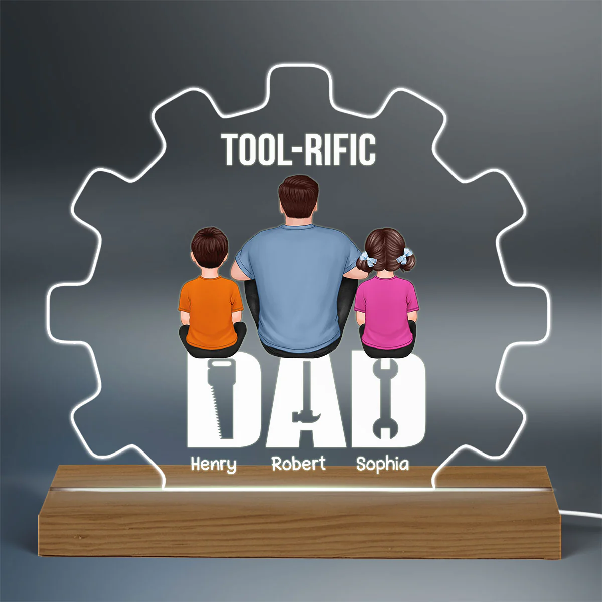 Tool-rific Dad Back View Man Kids Dog Cat Father‘s Day Gift Personalized Custom Shape Acrylic Plaque Warm LED Night Light - Image 3