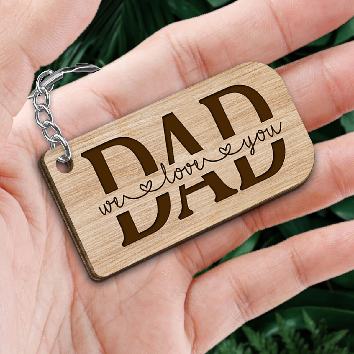 Tool-rific Dad Back View Sitting Man Kids Dog Cat Personalized Wooden Keychain - Image 2