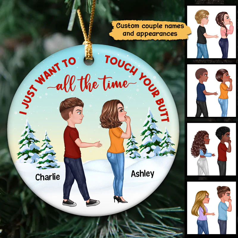 Touch Your Butt Funny Couple Christmas Personalized Circle Ornament - Image 2