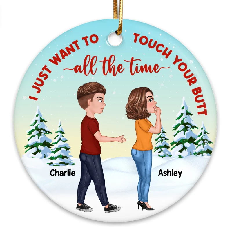 Touch Your Butt Funny Couple Christmas Personalized Circle Ornament - Image 3