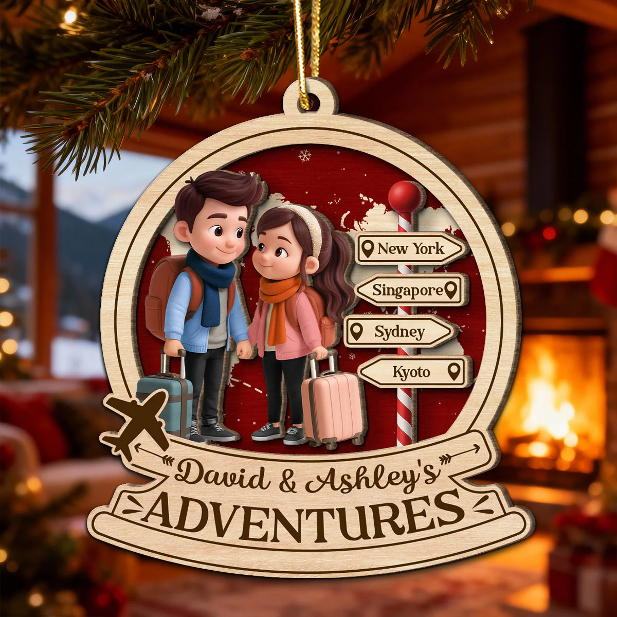 Travel Destination Ornament For Adventure Couple - Personalized Wooden Ornament - Christmas Gift For Him, For Her - Image 5