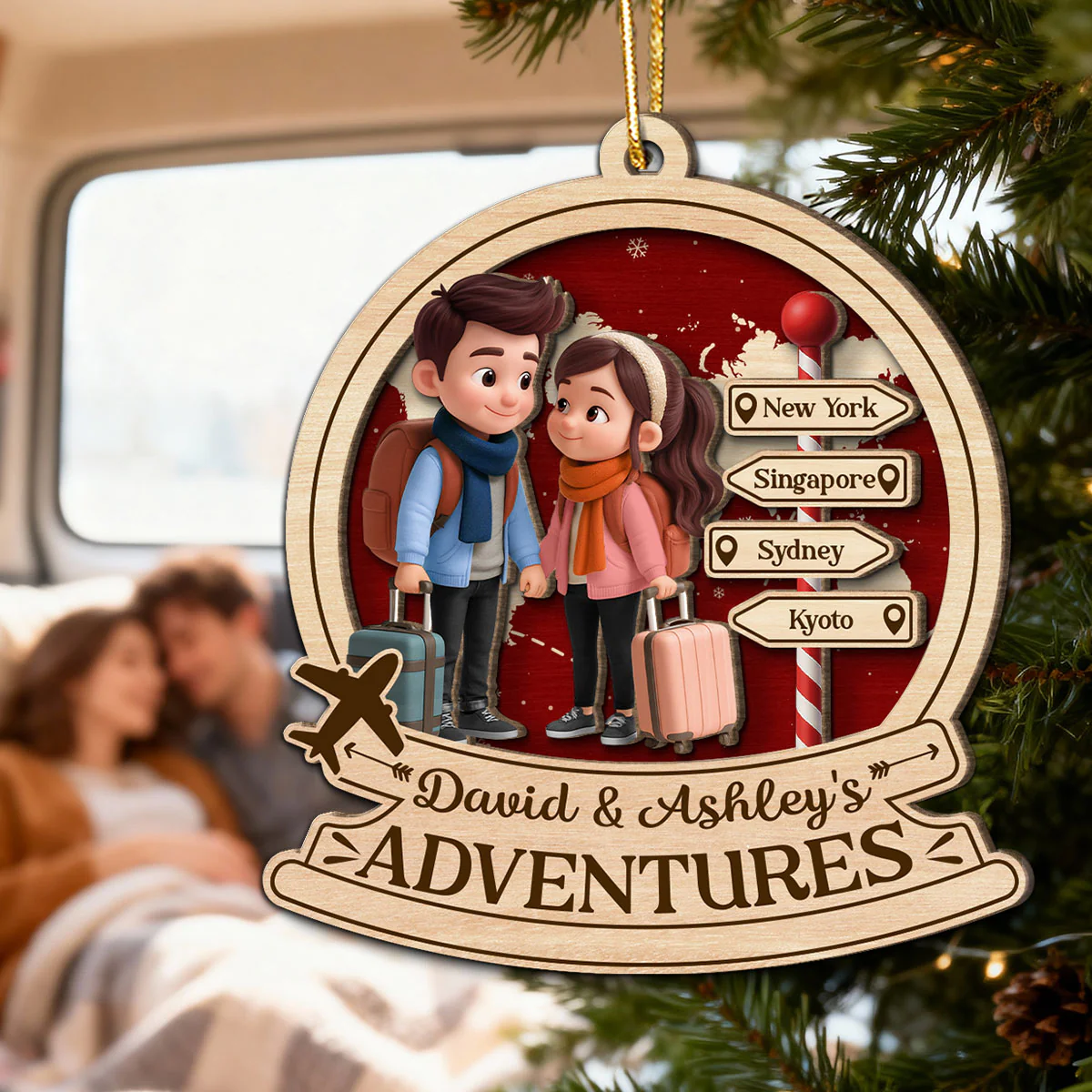 Travel Destination Ornament For Adventure Couple - Personalized Wooden Ornament - Christmas Gift For Him, For Her - Image 6