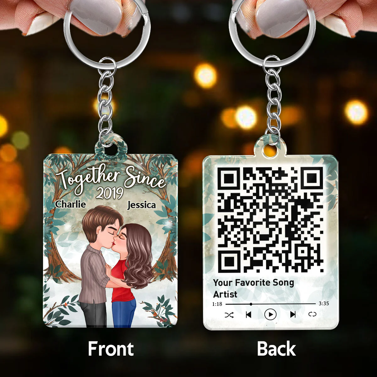 Tree Arch Doll Couple Kissing Favorite Song Scannable QR Code Personalized Acrylic Keychain - Image 3