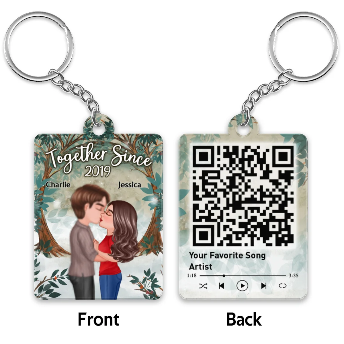 Tree Arch Doll Couple Kissing Favorite Song Scannable QR Code Personalized Acrylic Keychain - Image 4