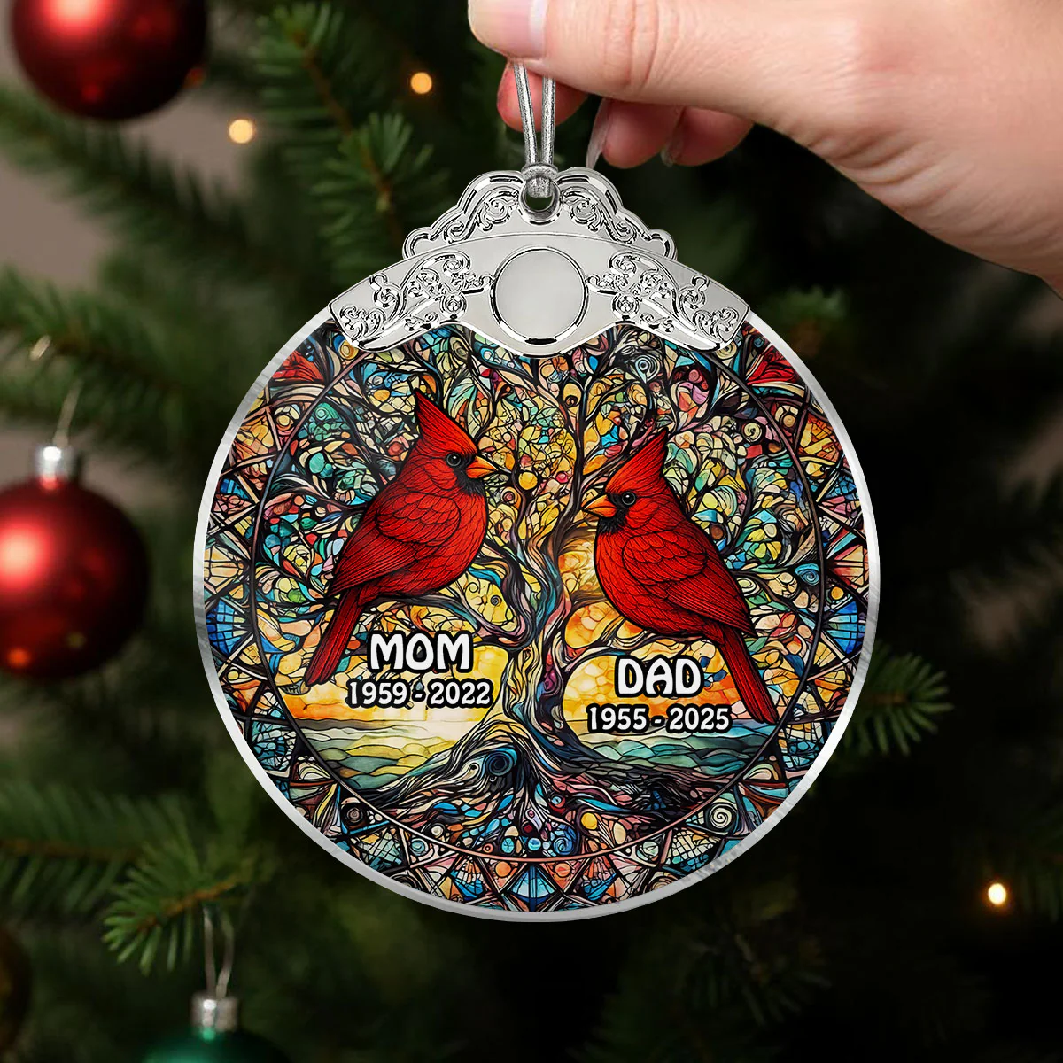 Tree Of Life Cardinal Mom Dad Stained Glass Effect - Personalized Glass Ornament With Silver Cap - Christmas Memorial Keepsake For Family - Image 6