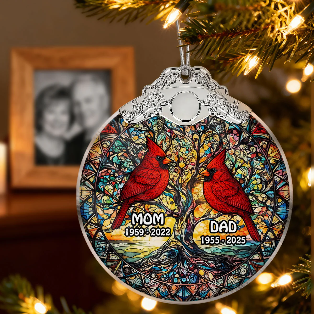 Tree Of Life Cardinal Mom Dad Stained Glass Effect - Personalized Glass Ornament With Silver Cap - Christmas Memorial Keepsake For Family - Image 7