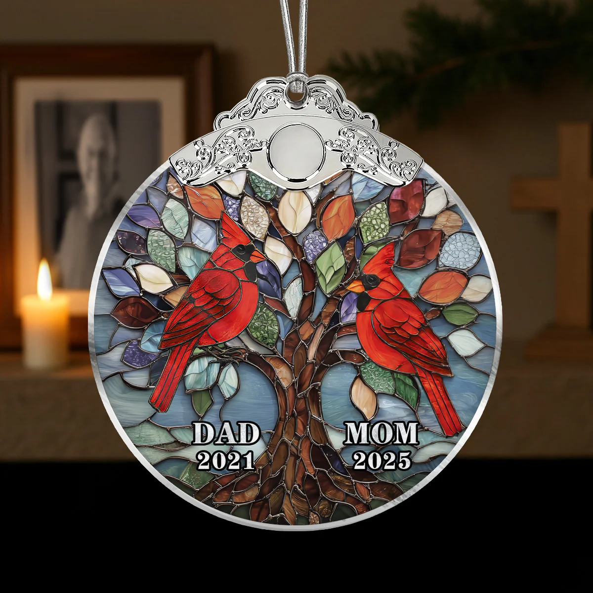Tree Of Life Cardinals Mom Dad Mosaic Effect - Personalized Glass Ornament With Silver Cap - Christmas Memorial Keepsake For Family - Image 3