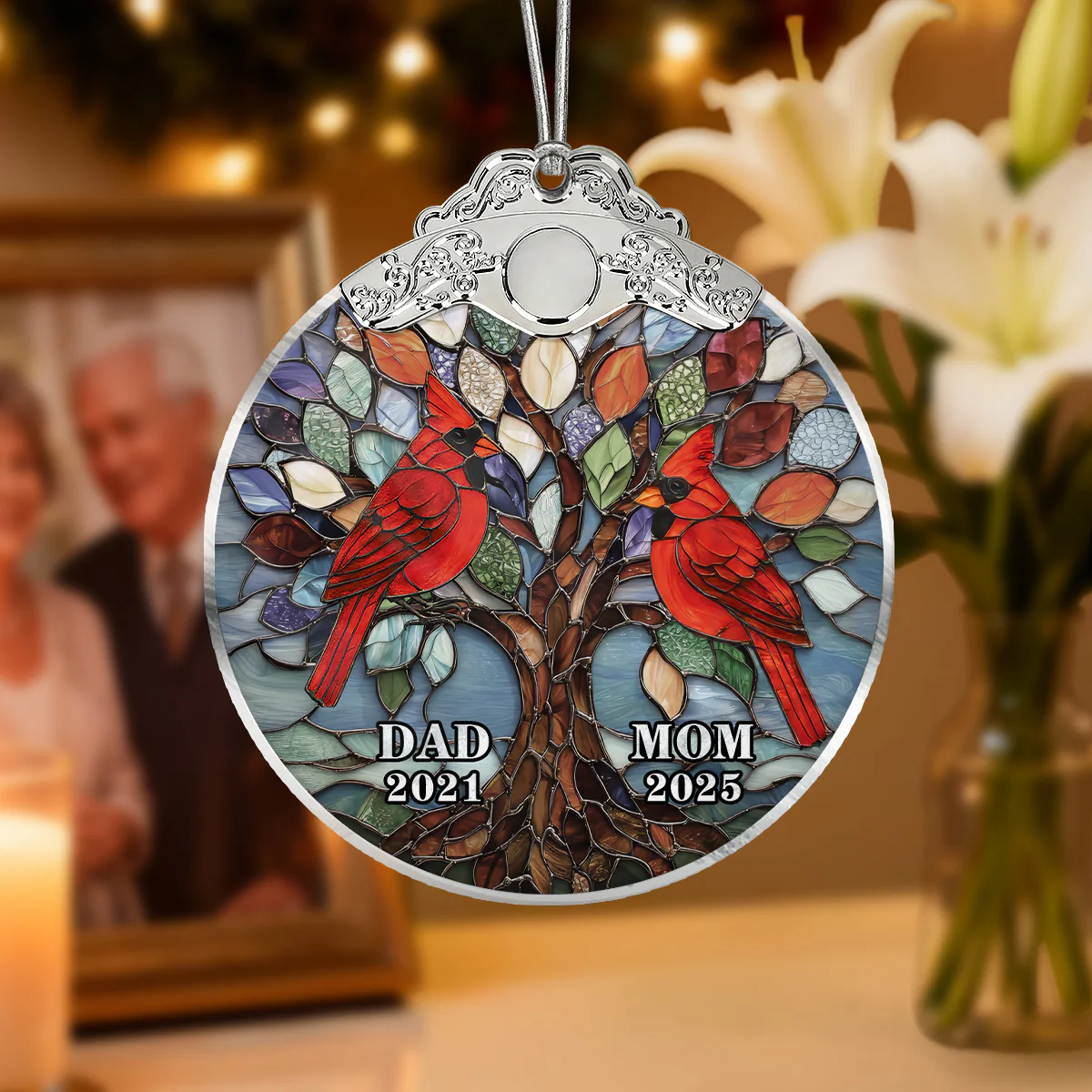 Tree Of Life Cardinals Mom Dad Mosaic Effect - Personalized Glass Ornament With Silver Cap - Christmas Memorial Keepsake For Family - Image 4