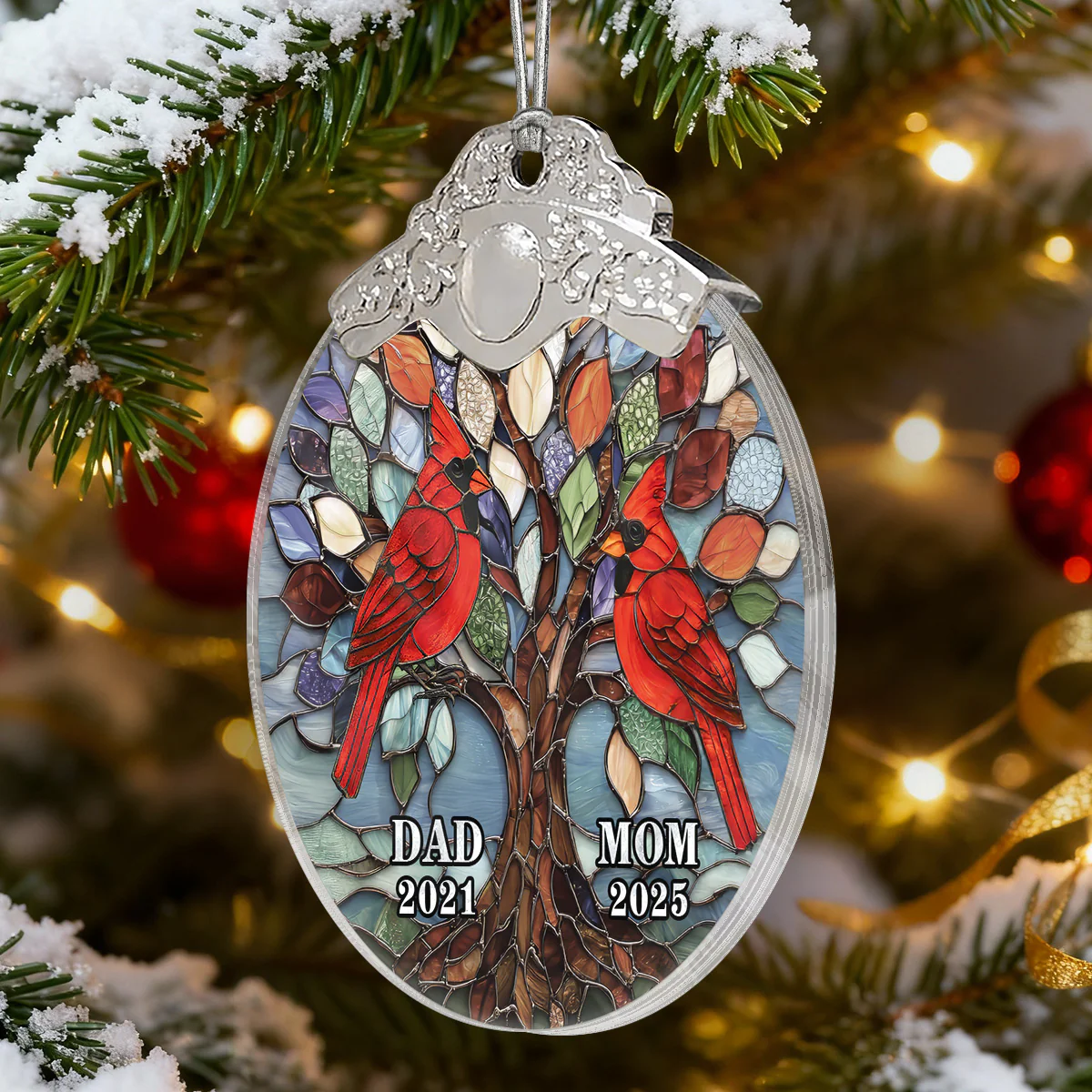 Tree Of Life Cardinals Mom Dad Mosaic Effect - Personalized Glass Ornament With Silver Cap - Christmas Memorial Keepsake For Family - Image 5