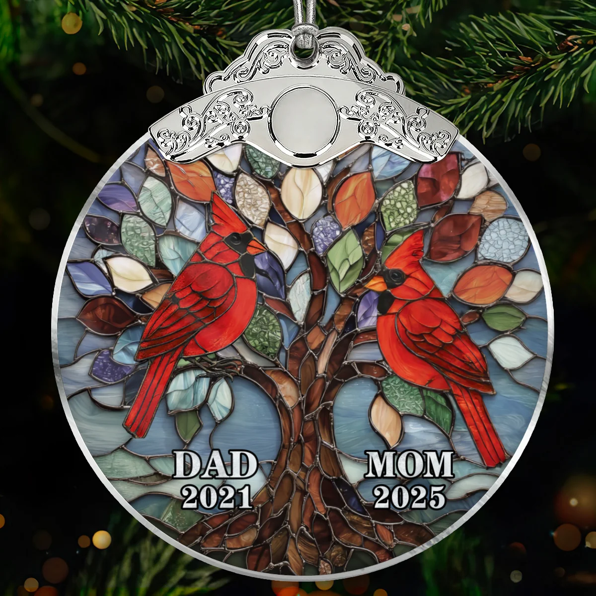 Tree Of Life Cardinals Mom Dad Mosaic Effect - Personalized Glass Ornament With Silver Cap - Christmas Memorial Keepsake For Family - Image 7