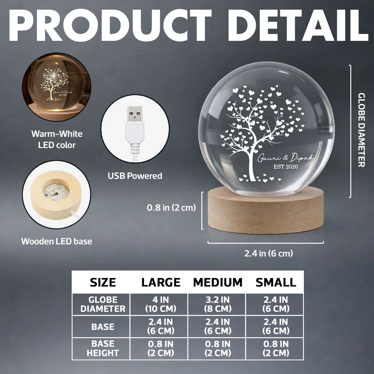 Tree Of Love Couple - Personalized Crystal Ball LED Night Light - Anniversary, Valentine's Day Gift, Gift For Him, Gift For Her - Image 10